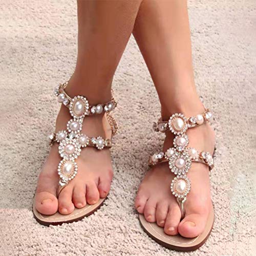 Image of Women's Rhinestone Flat Sandals, Women Flip Flops with Clip Toe RingBeadeed Rhinestone Crystal Jeweled Sandal Shoes for Summer Beach Oceanside Holiday Outdoor