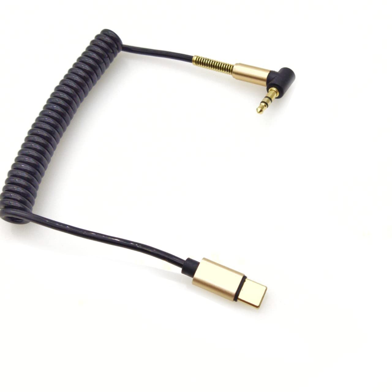 Coiled USB C to 90 Degrees 3.5mm Audio Aux Jack Cable, Type C Male to 3.5mm Male Extension Headphone Audio Stereo Cord Car Aux Cable for USB-C Smartphone Device