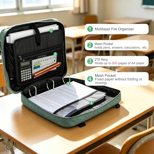 Image of LLi Cufite Zippered Binder Bag,3 Ring Binder with Multi-Pocket - 500 Sheet Capacity, Up to 14 inch Laptop and Tablet, Detachable Backpack Straps & Shoulder Use for School and Offices(Dark Green)