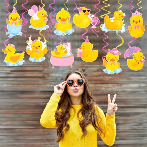 Image of Pink Rubber Duck Hanging Swirls Rubber Duck Birthday Decorations 20PCS Duck Party Hanging Decorations Yellow Duck Ceiling Streamers for Girls Duck Themed Baby Shower Supplies