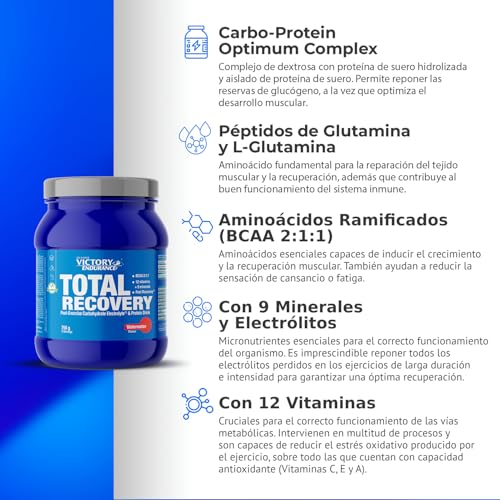 VICTORY ENDURANCE Total Recovery (750g) Sabor Sandía, Preparado Bebida Post-Entreno de Carbohidratos Electrolitos y Proteínas, Con BCAA 2:1:1, 12 Vitaminas y 9 Minerales, Recuperación Rápida - Imagen 4