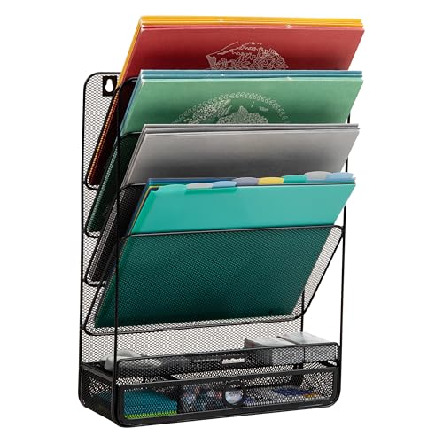 Mind Reader 4-Tier Vertical File Storage, Desktop Organizer, Wall Mount, Office, Metal Mesh, 12.5