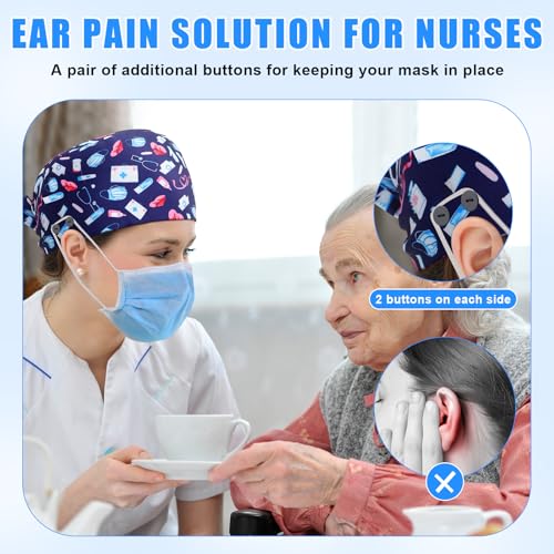 Image of Unittype 4 Pcs Nurse Caps for Women Nursing Working Caps with Button and Sweatband Adjustable Elastic Scrub Hats for Dentist