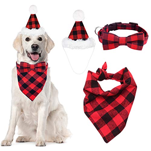 Malier Dog Bandana Colllar and Hat Set, Christmas Classic Plaid Dog Scarf Triangle Bibs Kerchief and Adjustable Collar with Bow Tie Set Costume Accessories for Small Medium Large Dogs Pets (Medium)