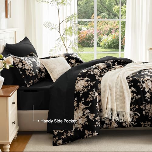 Image of Andency Floral Comforter Set Full Size, 7 Pieces Black Flower Lightweight Bedding Set for All Seasons, Soft Vintage Bed in a Bag with Comforter, Sheets, Pillowcases & Shams