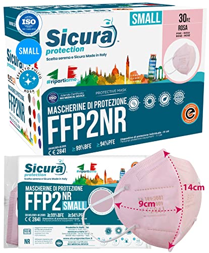 30 Mascherine FFP2 Certificate Taglia Piccola Small Size ROSA Made in Italy CE SICURA BFE ≥99% | PFE ≥94% Mascherina per viso piccolo sigillata singolarmente - 14x9cm CERTIFICATA filtrazione FFP2