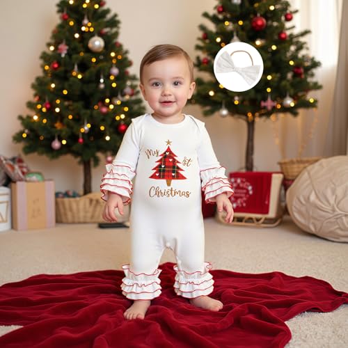 My First Christmas Baby Girl Outfit Santa Long Sleeve Romper Jumpsuit Onesie Christmas Newborn Girl Outfits Clothes3