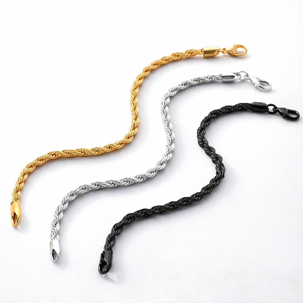 3PCS Stainless Steel Bracelets for Men Gold, Silver, Black Bracelet Twisted Cable Mens Luxury Jewelry Bracelets Gifts