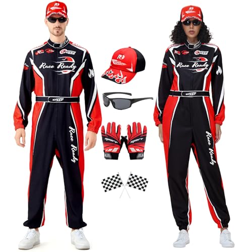Lopbraa Race Car Driver Costume Men with Hat Full Set Jumpsuit Racer Outfits with Gloves Flag and Sunglasses for Adult(Black)