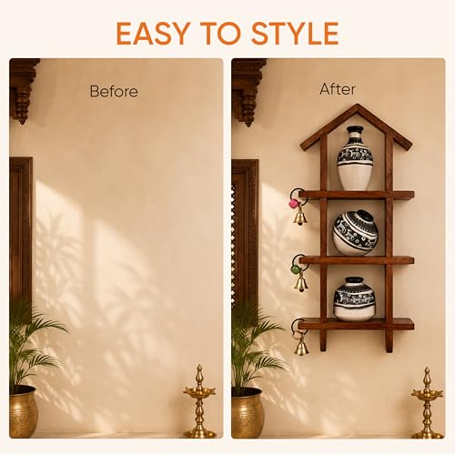 Image of AAKRITI ART CREATIONS Warli White Pots Wooden Wall Ladder Decor