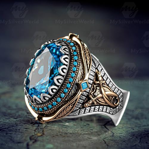 925 Sterling Silver Aquamarine Stone Turkish Handmade Men's Ring2