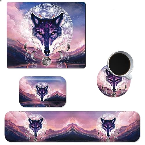 Keyboard Pad with Wrist Support with Coasters Set for Women Men, Arm Rest for Desk with Gel Memory Foam for Computer Laptop Office Gaming Car Truck Home Easy Typing Pain Relief, Dreamcatcher Wolf