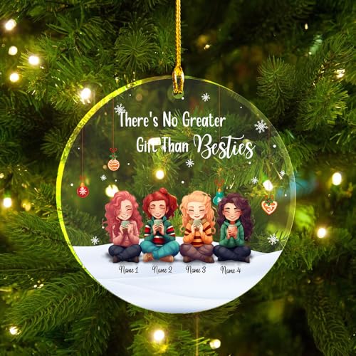 No Greater Gift Than Besties Clear Plastic Ornaments, Christmas Decorations Personalized Name Four Girls Wear Sweater with Chocolate Cup Acrylic Ornaments, Gifts for Sister Friends Bestie