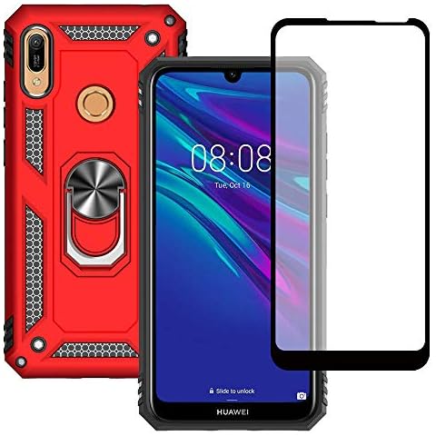 Funda Yiakeng Huawei Y6 2019 con Protector Pantalla Cristal Templado y Kickstand Rojo Cover