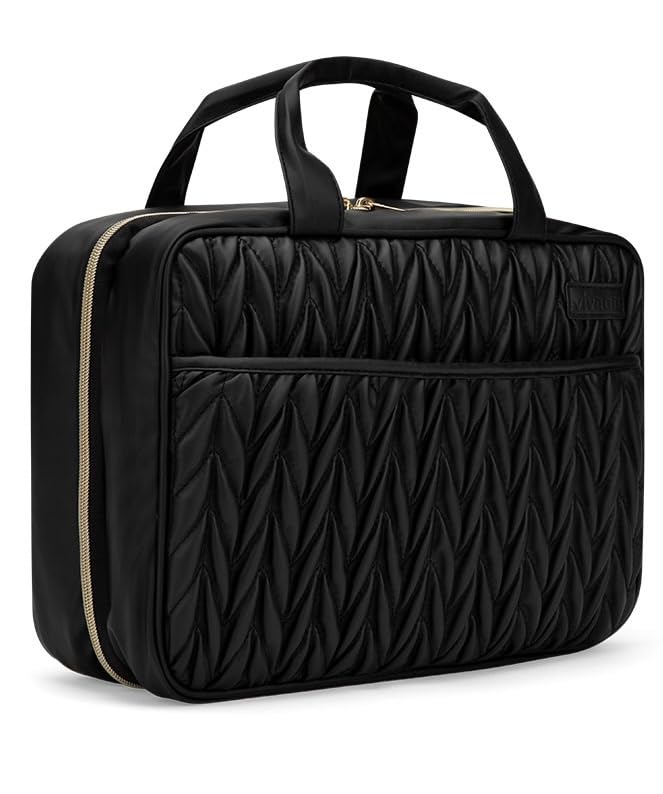 VIVRAR Black Premium Vegan leather Extra Large Toiletry bag with Hanging hook, travel toiletry bag, water-resistant, multiple compartments,versatile uses