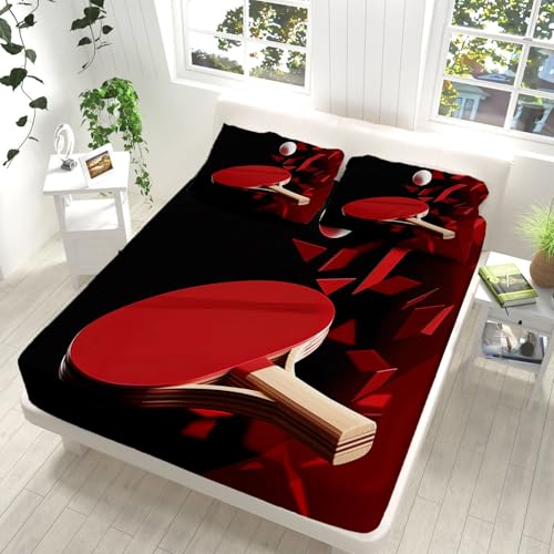 Red Fitted Sheet Twin 4 Pcs Bed Sheets Set Table Tennis Print Deep Pocket Fitted Sheets Soft Microfiber Bedding Sets (1 Fitted, 1 Flat, 2 Pillowcases) for Kids Girls Boys Teen Bedroom Decor