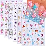 Flower Nail Stickers, Summer Nail Decals 3D Self-Adhesive Ocean Seahorse Hibiscus Flower Small Floral Pattern Summer Hawaii Design Manicure Tropical Nail Accessories for Women Girls(6Sheets)