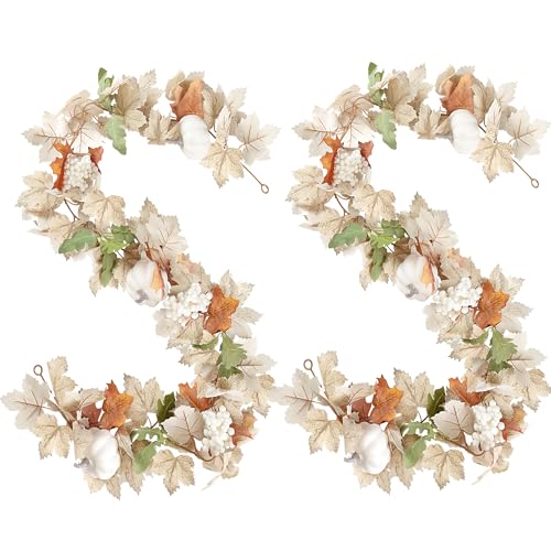 Sggvecsy Fall Maple Leaf Garland with White Pumpkins Clusters of
