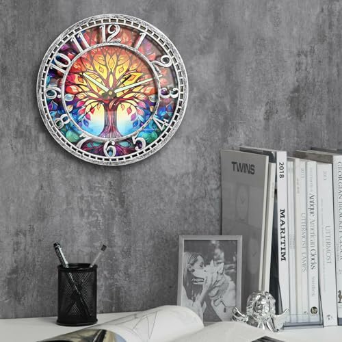 WANGIRO 12" Round Tree of Life Wall Clock Silent Non-Ticking Antique Silver - Image 2