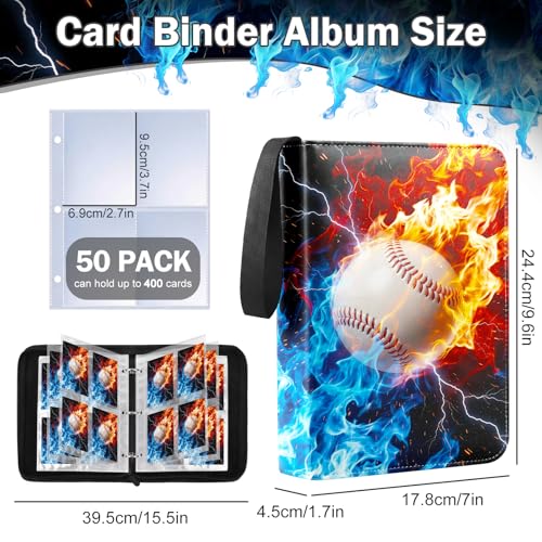 Image of Baseball Card Binder 4 Pockets Sports Card Binder Holds 400 Cards with 50 Removable Double Sleeves, Portable PU Zipper Trading Card Album, Fits TCG Collectors Boys Girls Gift