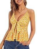 HUHOT Summer Tops for Women 2024 Spring Sexy Casual Peplum Tie Front Tie Front Trendy Tops for Women Yellow-Floral