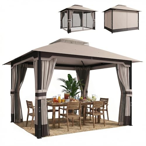 Outsunny Gazebo da Giardino 3x3.6m con Parete, Zanzariera, Gazebo da Esterno con Doppio Tetto, Fori di Drenaggio, Supporti Superiori Regolabili, Struttura Metallo, Giardino Terrazzo Feste Patio, Cachi