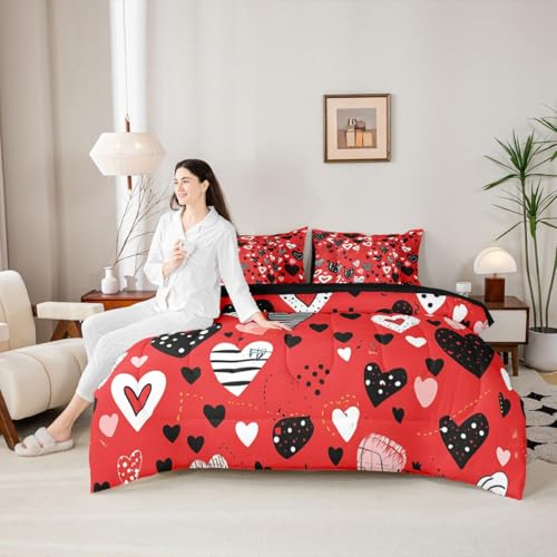 Image of Erosebridal Love Heart Comforter Set Full 7 Piece Red Heart Shaped Bed in A Bag Romantic Valentine Theme Bedding Sets for Kids Girls Geometric Stripes Sheet Set with Comforter