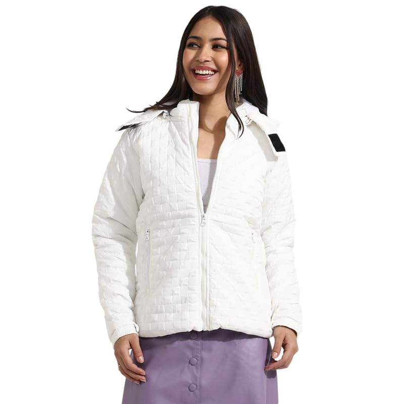 pinacolada Women's Powder White Buffallo Check Quilted Puffer Jacket For Casual Wear | Hooded Neck | Long Sleeve | Zipper Closure | Jacket Crafted With Comfort Fit For Everyday Wear-picture-24