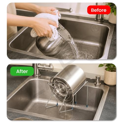 Image of LAPO Stainless Steel Rice Pot Drainer Stand for Kitchen, Hands-Free Drain Stand for Cooked Rice, Noodles, Beans, Fruits & Vegetables, Strong Tabletop Kitchen Strainer Rack-Chrome