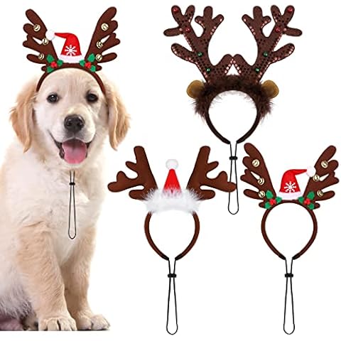 Pedgot 3 Pack Christmas Pet Headwear Xmas Hair Loop Brown Reindeer Antlers Headband Christmas Pet Costume Hair Accessory for Dogs Cover