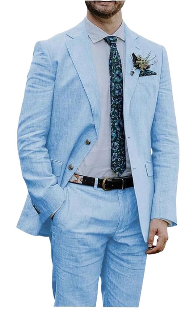 Botong Linen Suit for Men 2 PC Notch Lapel Summer Wedding Tuxedos Lightweight Prom Party Suit Light Blue 52 Chest / 46 Waist