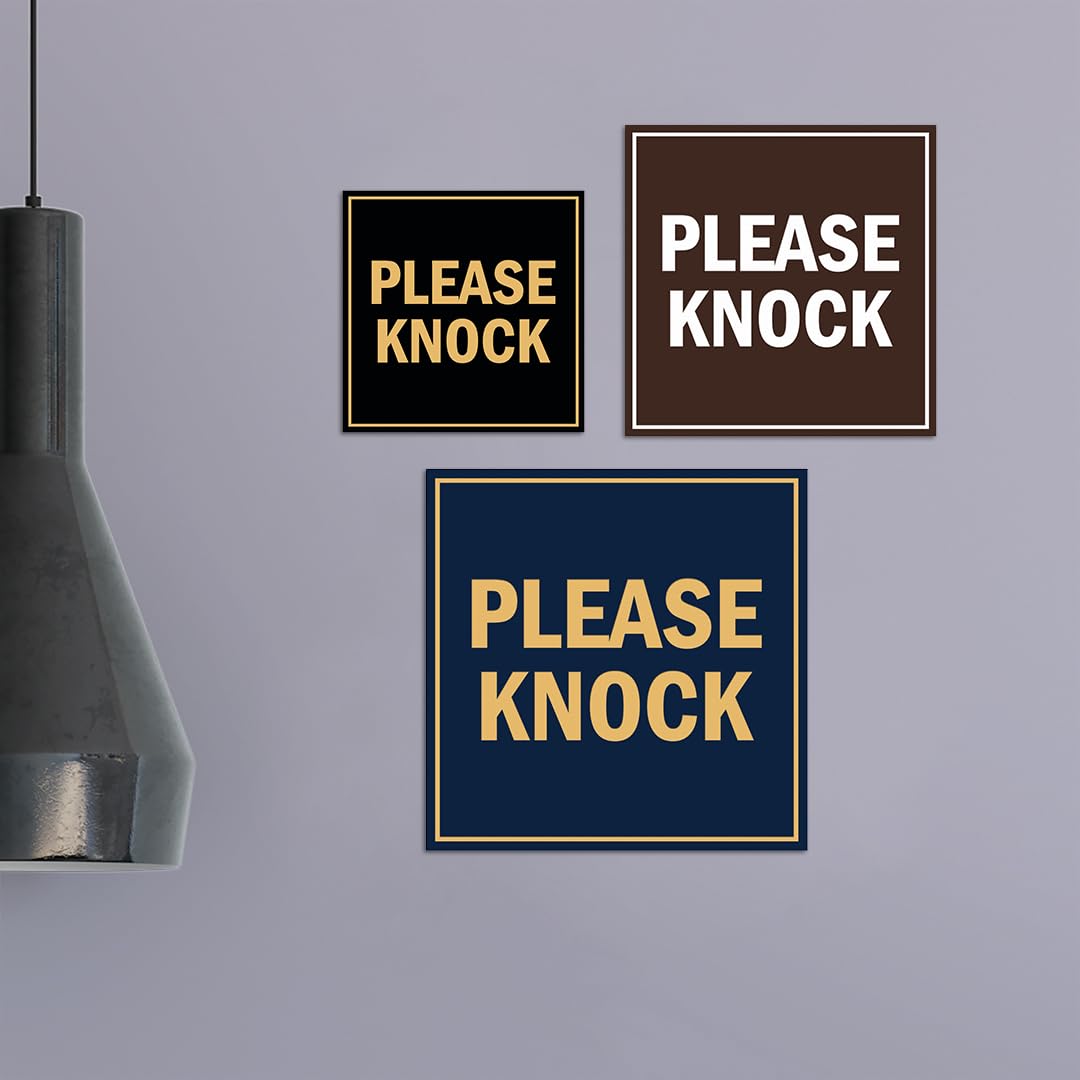 Kwadratowy znak "Please Knock" z taśmą samoprzylepną, montaż na każdej powierzchni (granatowy/złoty) - mały (5 sztuk)