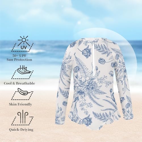susiyo Retro Blue Flowers Girls Long Sleeve One Piece Swimsuits Rash Guard Bathing Suit UPF 50+ Zipper Girl Swimwear2