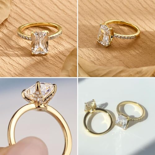 3CT 925 Sterling Silver Engagement Rings Radiant Cut AAAAA Cubic Zirconia CZ Wedding Promise Bands For Women Solitaire Simulated Diamond Silver/Gold Size 5-103