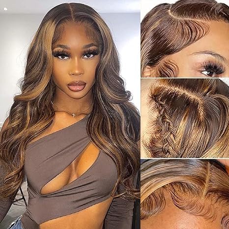 Highlight Ombre Lace Front Wig Human Hair 13x4 HD Transparent 2/27 Colored Honey Blonde Lace Frontal Wigs For Black Women Pre Plucked with Baby Hair 180% Density Body Wave Lace Front Wig (18inch)