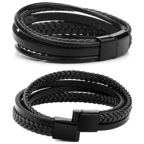 RIOSO 6 Pieces Mens Leather Bracelet Stainless Steel Multi-layer Braided Black Leather Bracelets for Men4