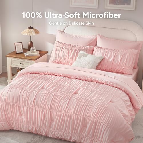 Image of Andency Ruched Queen Comforter Set Pink, 7 Pieces Ruffle Bed in a Bag, Shabby Chic Pleat Bedding Set with Comforter, Sheets, Pillowcase & Sham, Lightweight, Soft, All Season