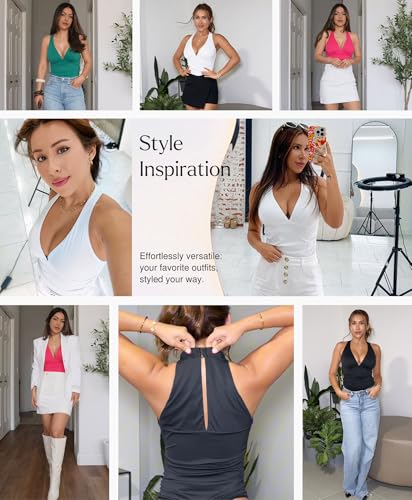 Popilush Bodysuits for Women Tummy Control Halter Tops V Neck Ruched Thong Shapewear Body Suits2