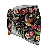 Jekioweii Hummingbird Floral Women's Sarong Beach Cover Ups Retro Wrap Swimsuit Skirt Sheer Bathing Suit Vintage Chiffon Bikini Swimwear Coverups