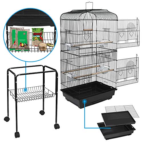 SUPER DEAL 59.3 Rolling Bird Cage Large Wrought Iron Cage for Cockatiel Sun Conure Parakeet Finch Budgie Lovebird Canary Medium Pet House with Rolling Stand & Storage Shelf - Image 5