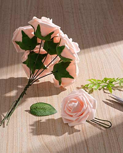 DuHouse 25Pcs Artificial Roses Flowers Fake Rose with Stems Real Touch Foam Flower Head for DIY Wedding Bridal Bouquet Baby Shower Centerpiece Floral Arrangement Party Home Decor(Blush) - Image 3