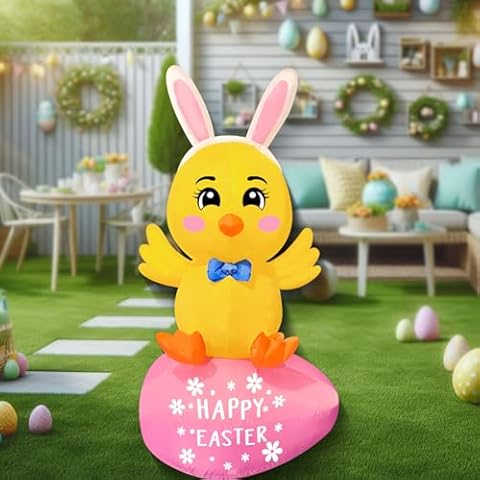 5 Feet Easter Inflatable Chick Sit on Egg Lighted Blow Up Yard Lawn Decoration with Built in Blower Fan and Anchor Ropes Cover