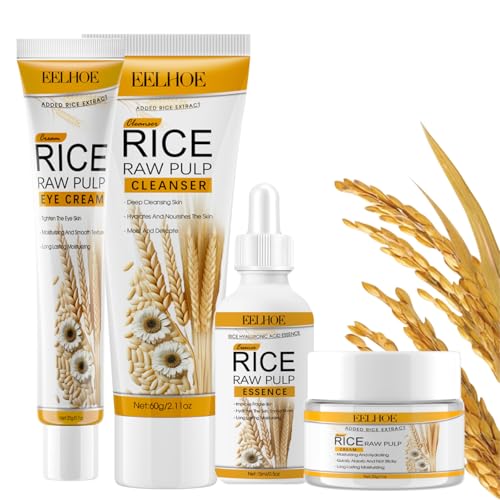 4Pcs Rice Raw Pulp Skincare Set, Anti Aging Skin Care Sets & Kits, Skincare Gift Set, Facial Kits for Women with Facial Cleanser,Essence,Cream & Eye Cream, Gift Set for Firming Hydrating Skin