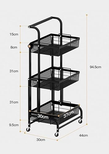 Miniatura 2 de Carrito de metal de 3 niveles con asa y ruedas, carrito de almacenamiento multifuncional, estante móvil de esquina con cesta organizadora