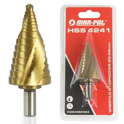 Broca HSS escalonada en espiral | para taladro | Graduada | Rango diámetro 20-34 mm | Casquillo 10 mm | Graduación cada 2 mm