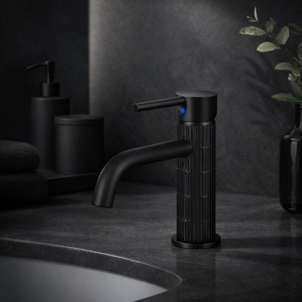 Grifo de lavabo monomando con cuerpo de latón, mezclador para baño, acabado negro mate, cartucho cerámico duradero (Negro mate, Estándar) — view 7