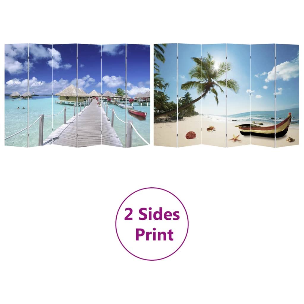 Paravent pliable 217 x 170 cm plage avec cadre en bois de sapin massif et impression double face, paravent pliable extérieur résistant aux intempéries, mur espagnol comme brise-vue et vestiaire