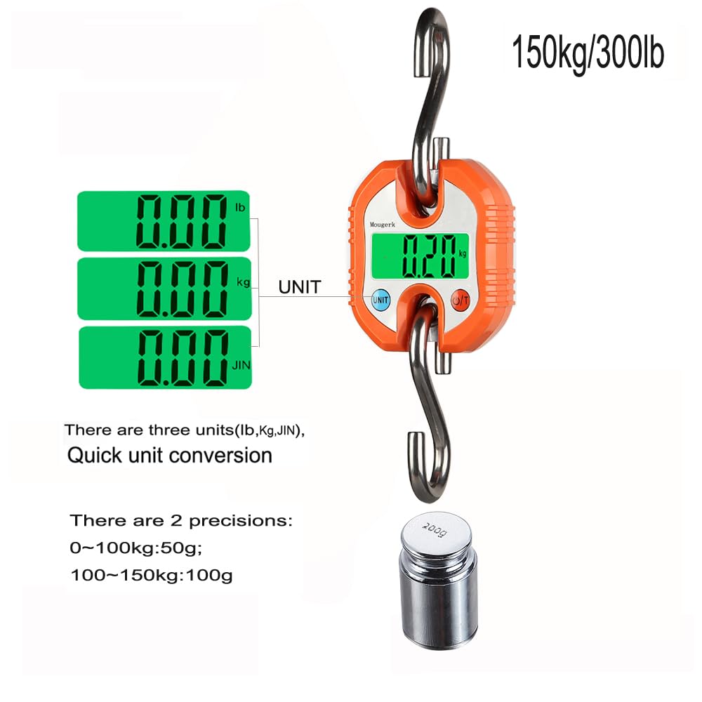 Báscula digital para colgar portátil, resistente, 150 kg, 300 libras, 2 pilas AAA (no incluidas) (naranja)