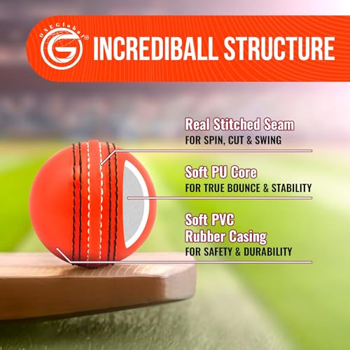 Image of Soft Rubber Cricket Ball for Practice | Outdoor & Indoor Practice Cricket Ball with Core & Stitched Seam | Realistic Feel, True Bounce & Swing for Practice, Honing Skills & Family Fun