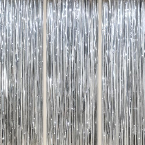 DECOCKRAT 3 Pack Foil Fringe Backdrop - Silver Shiny Tinsel Curtains for Party Decoration/Photo Booth Props - 3.3x8.2 FT Metallic Foil Backdrop for Birthday Wedding Graduation Christmas.